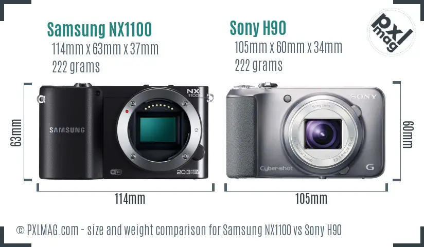 Samsung NX1100 vs Sony H90 size comparison