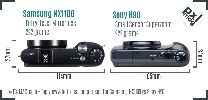 Samsung NX1100 vs Sony H90 top view buttons comparison