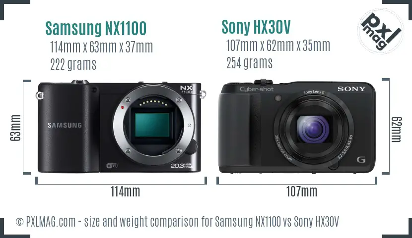 Samsung NX1100 vs Sony HX30V size comparison