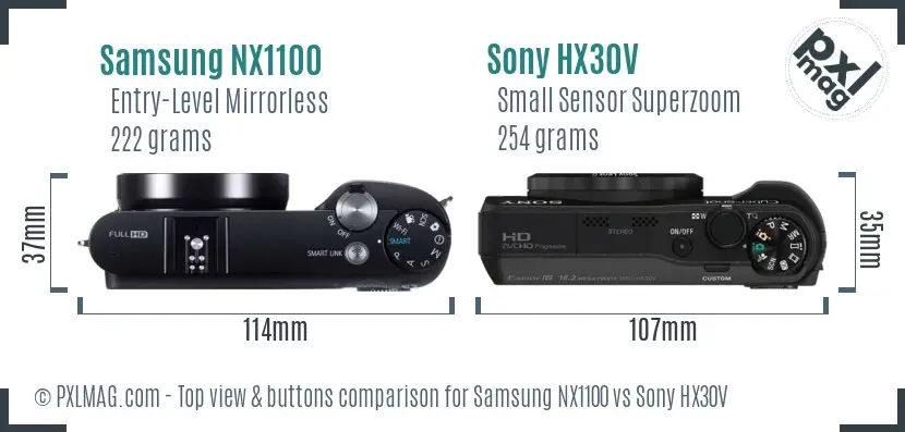 Samsung NX1100 vs Sony HX30V top view buttons comparison