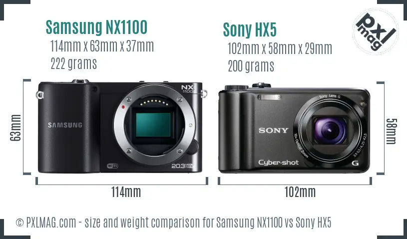 Samsung NX1100 vs Sony HX5 size comparison