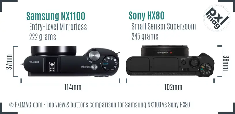 Samsung NX1100 vs Sony HX80 top view buttons comparison