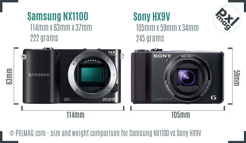 Samsung NX1100 vs Sony HX9V size comparison