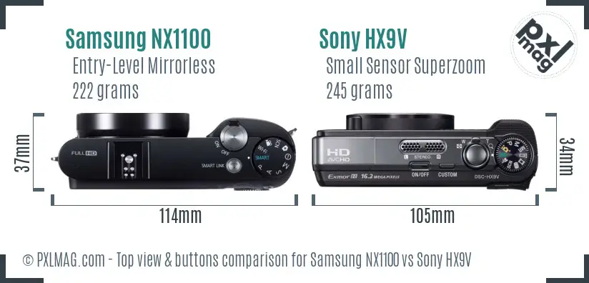 Samsung NX1100 vs Sony HX9V top view buttons comparison