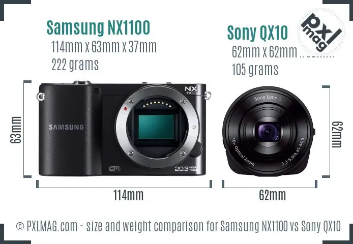 Samsung NX1100 vs Sony QX10 size comparison