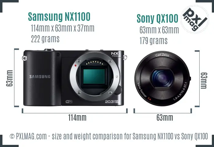 Samsung NX1100 vs Sony QX100 size comparison