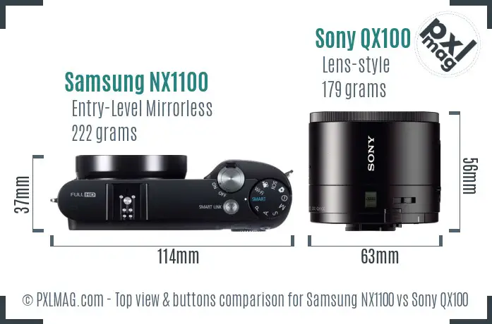 Samsung NX1100 vs Sony QX100 top view buttons comparison