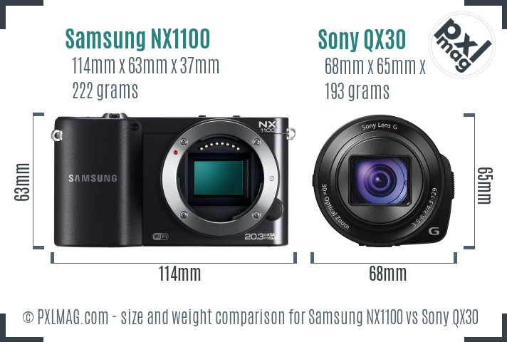 Samsung NX1100 vs Sony QX30 size comparison