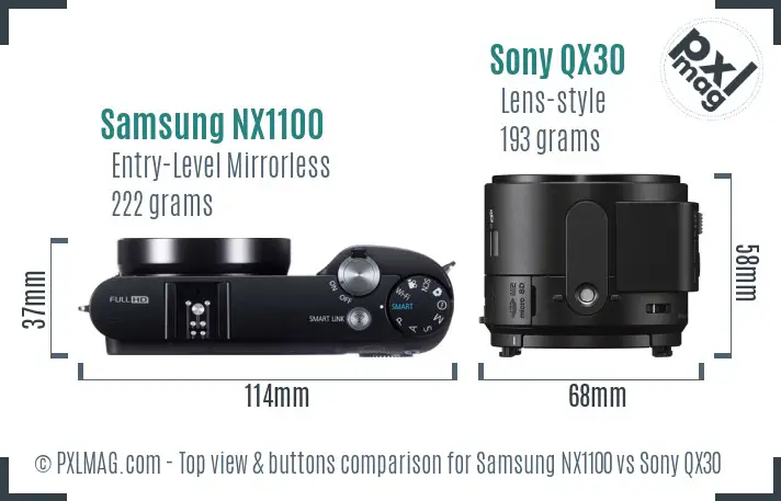 Samsung NX1100 vs Sony QX30 top view buttons comparison