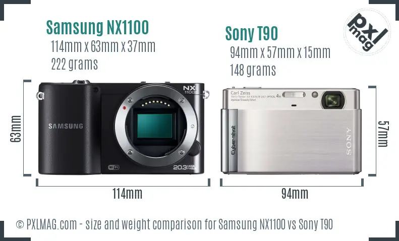 Samsung NX1100 vs Sony T90 size comparison