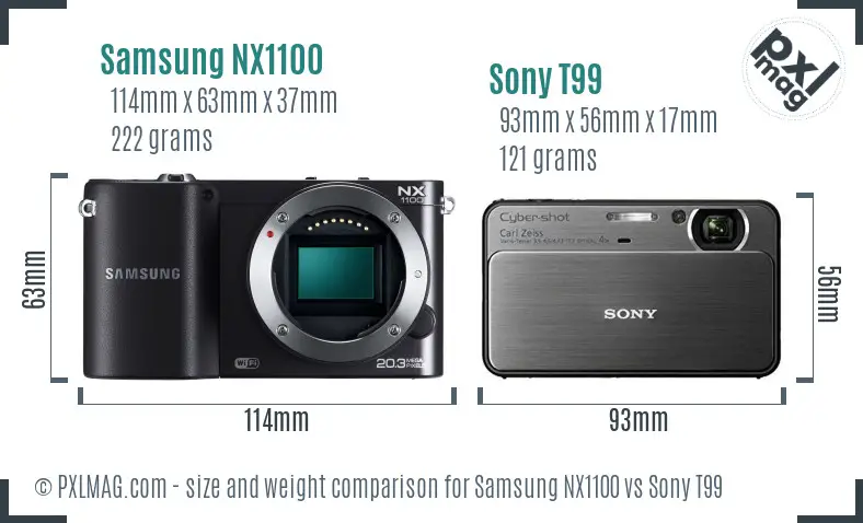 Samsung NX1100 vs Sony T99 size comparison