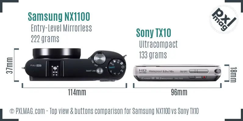 Samsung NX1100 vs Sony TX10 top view buttons comparison