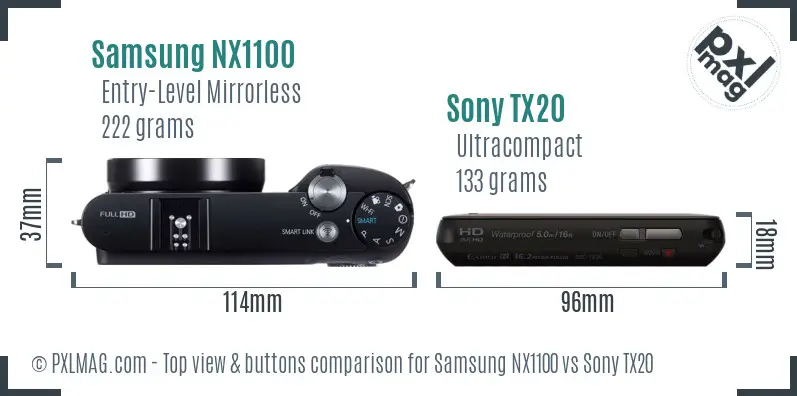 Samsung NX1100 vs Sony TX20 top view buttons comparison