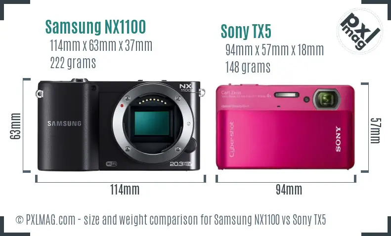 Samsung NX1100 vs Sony TX5 size comparison