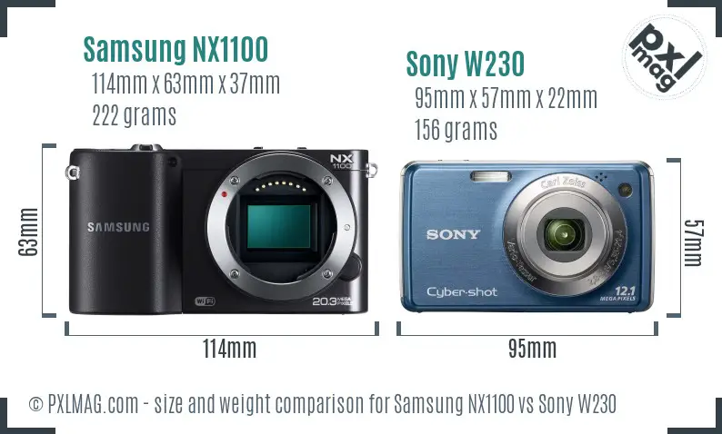 Samsung NX1100 vs Sony W230 size comparison