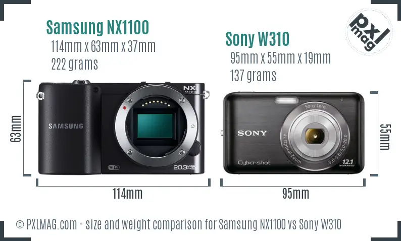 Samsung NX1100 vs Sony W310 size comparison