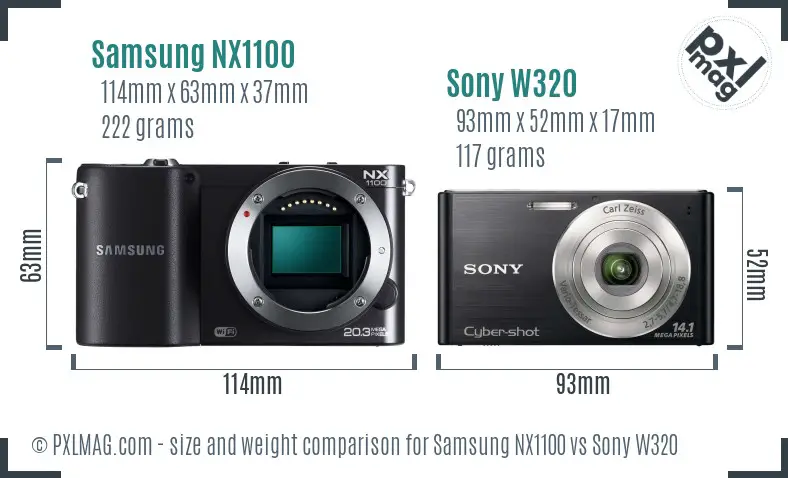 Samsung NX1100 vs Sony W320 size comparison