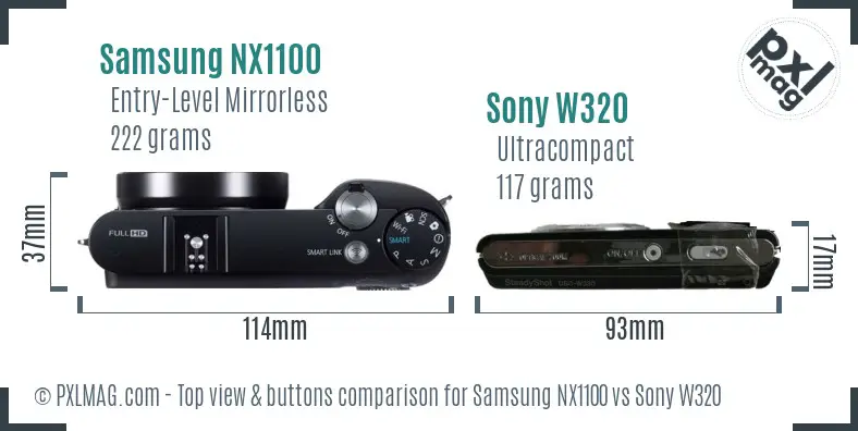 Samsung NX1100 vs Sony W320 top view buttons comparison