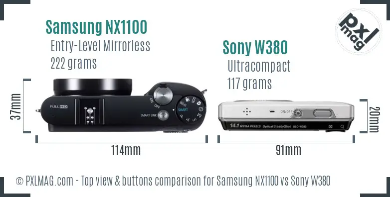 Samsung NX1100 vs Sony W380 top view buttons comparison