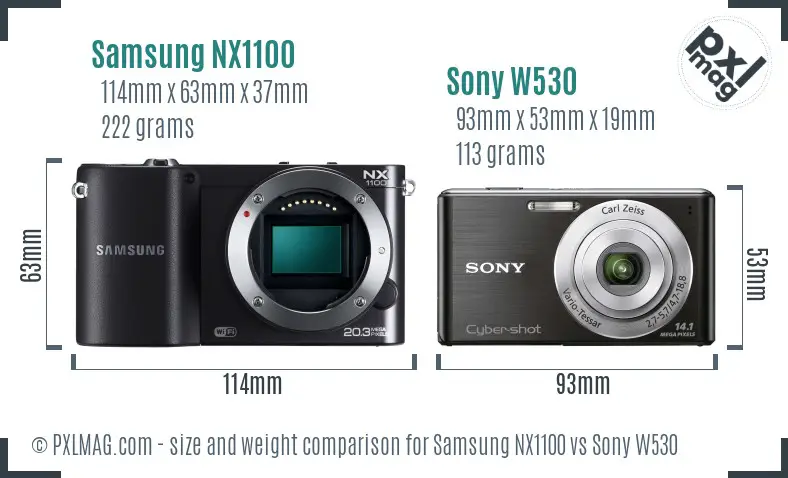 Samsung NX1100 vs Sony W530 size comparison
