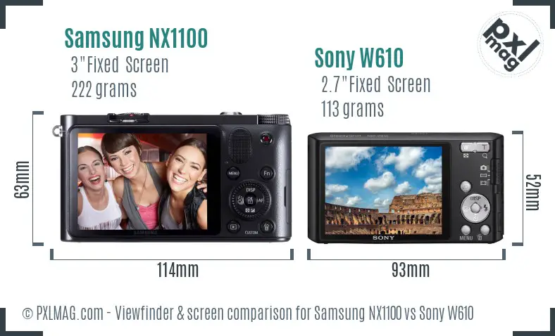 Samsung NX1100 vs Sony W610 Screen and Viewfinder comparison