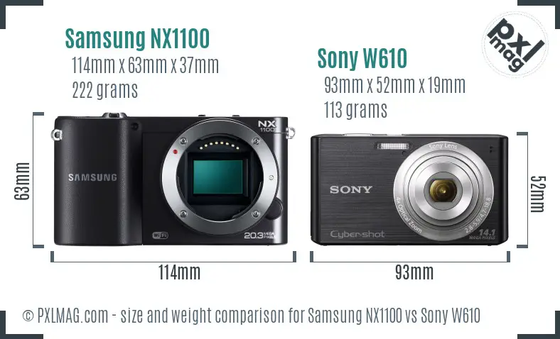 Samsung NX1100 vs Sony W610 size comparison