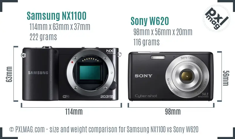 Samsung NX1100 vs Sony W620 size comparison