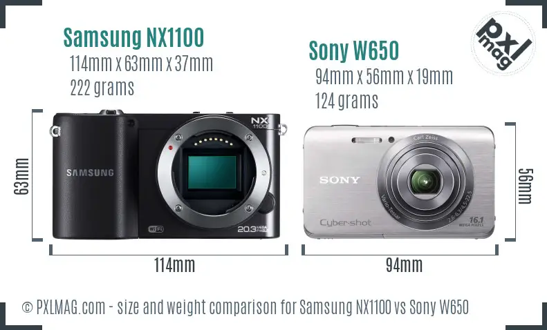 Samsung NX1100 vs Sony W650 size comparison