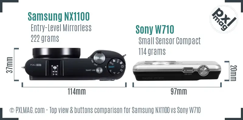 Samsung NX1100 vs Sony W710 top view buttons comparison