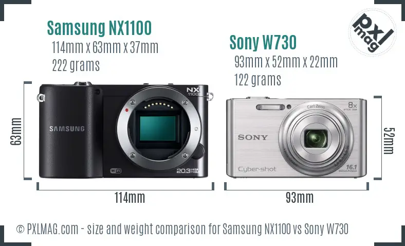 Samsung NX1100 vs Sony W730 size comparison