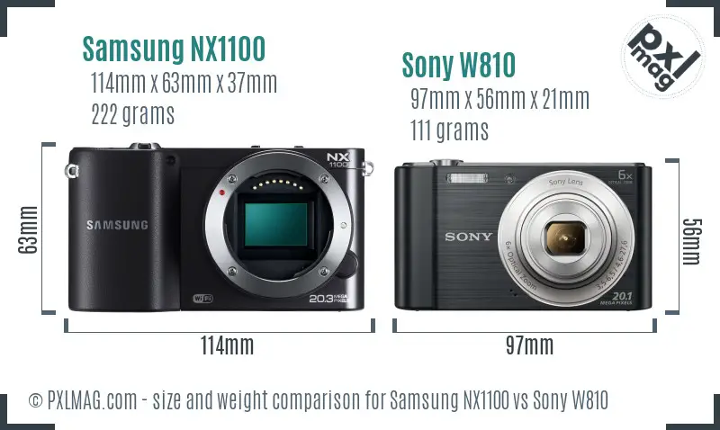 Samsung NX1100 vs Sony W810 size comparison