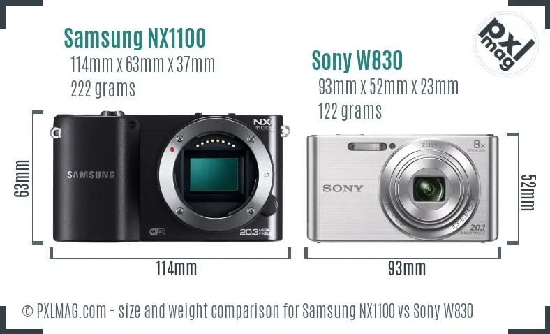 Samsung NX1100 vs Sony W830 size comparison