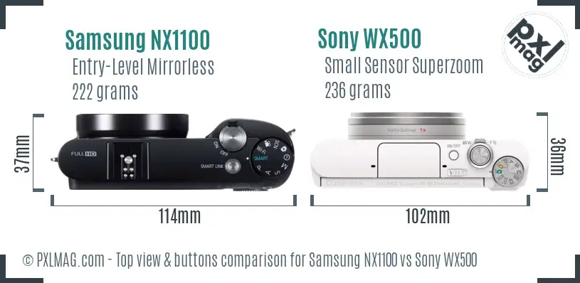 Samsung NX1100 vs Sony WX500 top view buttons comparison