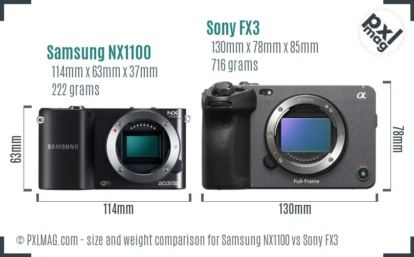 Samsung NX1100 vs Sony FX3 size comparison