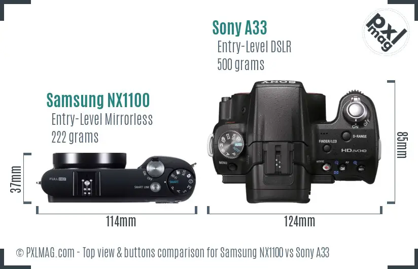 Samsung NX1100 vs Sony A33 top view buttons comparison