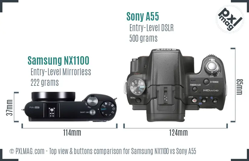 Samsung NX1100 vs Sony A55 top view buttons comparison