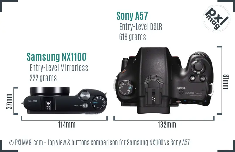Samsung NX1100 vs Sony A57 top view buttons comparison