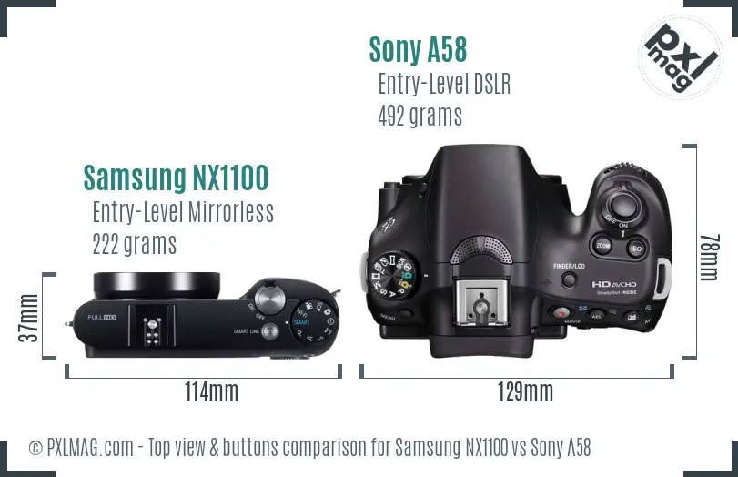 Samsung NX1100 vs Sony A58 top view buttons comparison