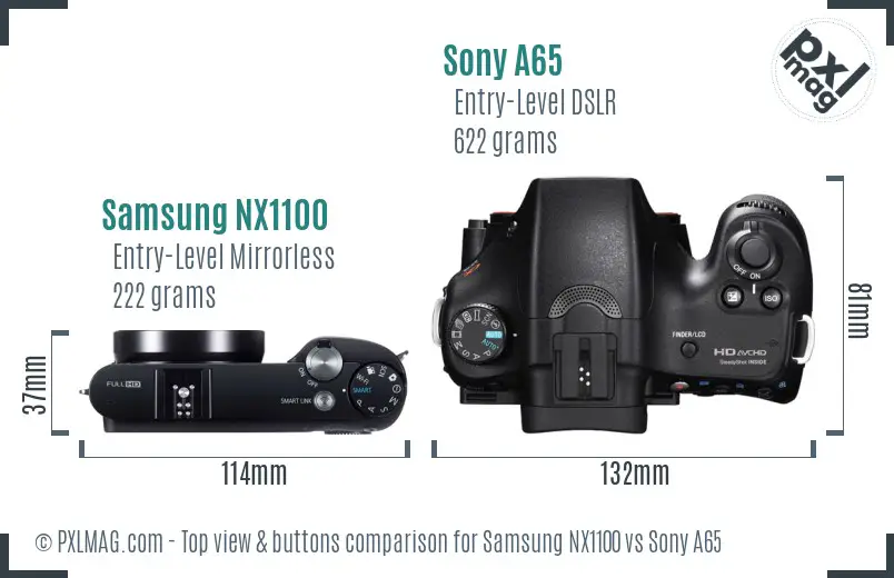Samsung NX1100 vs Sony A65 top view buttons comparison