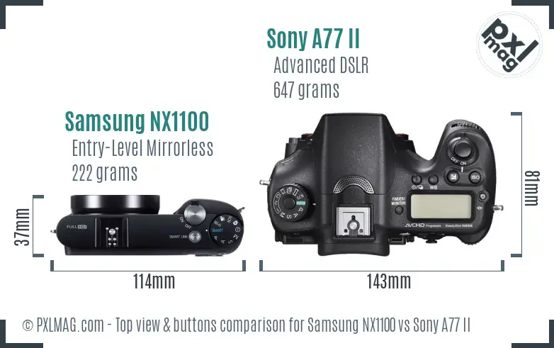 Samsung NX1100 vs Sony A77 II top view buttons comparison