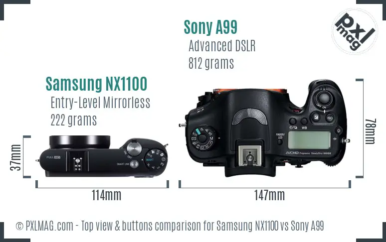 Samsung NX1100 vs Sony A99 top view buttons comparison