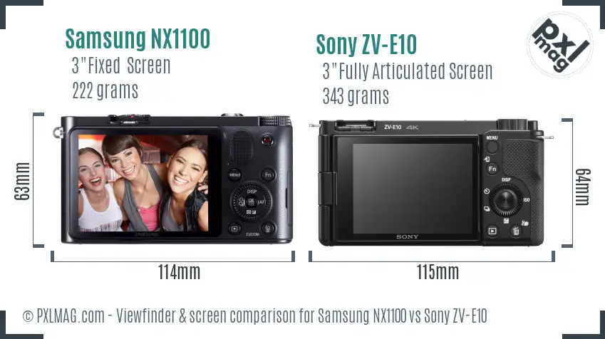 Samsung NX1100 vs Sony ZV-E10 Screen and Viewfinder comparison