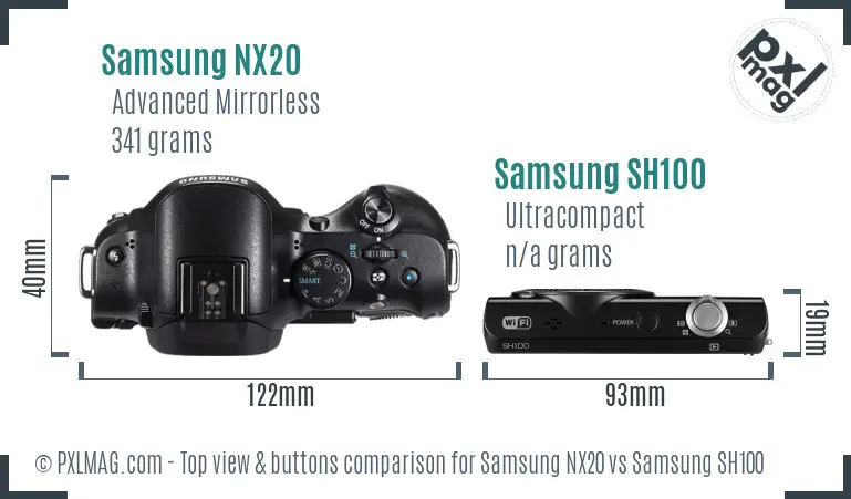 Samsung NX20 vs Samsung SH100 top view buttons comparison