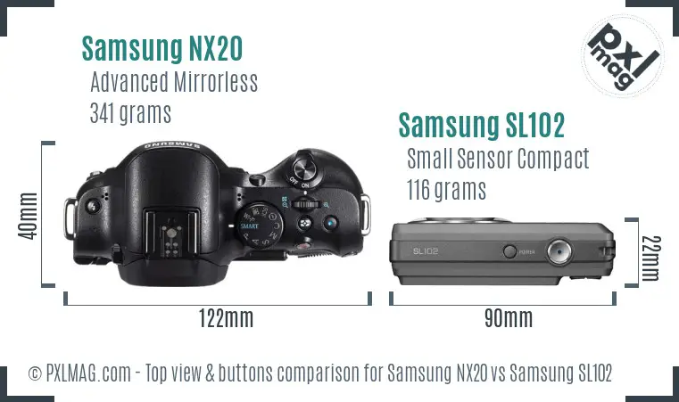 Samsung NX20 vs Samsung SL102 top view buttons comparison