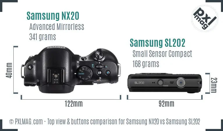 Samsung NX20 vs Samsung SL202 top view buttons comparison