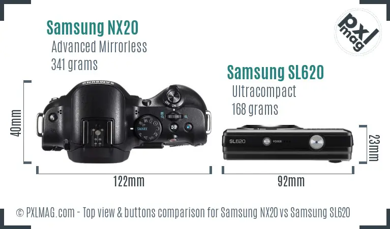 Samsung NX20 vs Samsung SL620 top view buttons comparison