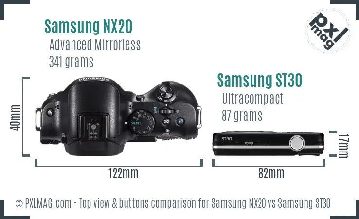 Samsung NX20 vs Samsung ST30 top view buttons comparison