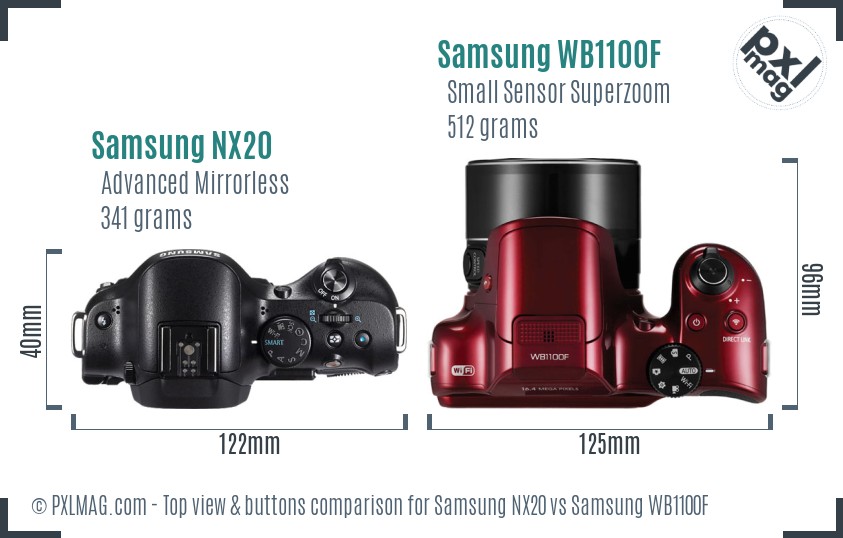 Samsung NX20 vs Samsung WB1100F top view buttons comparison