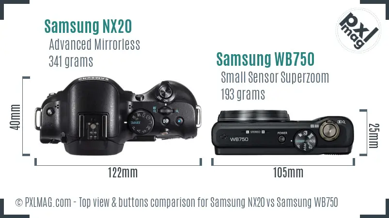 Samsung NX20 vs Samsung WB750 top view buttons comparison