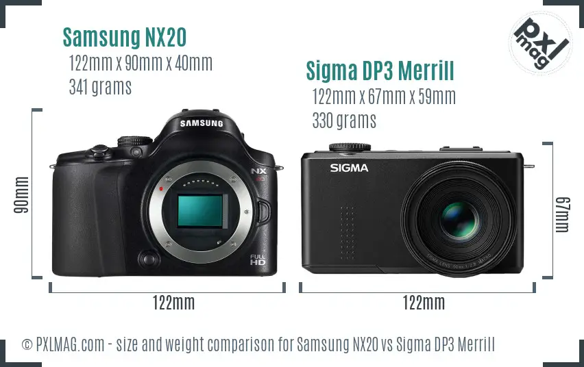 Samsung NX20 vs Sigma DP3 Merrill size comparison